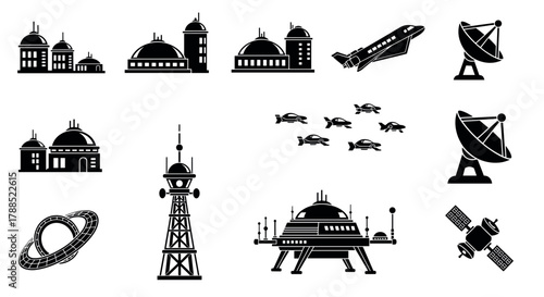 Black silhouette icons of various space-related structures including observatories, satellites, a spacecraft, and a communication tower.