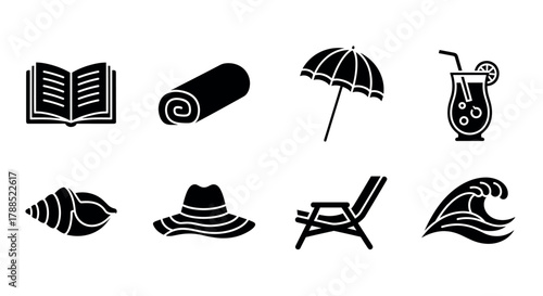 Black silhouette icons of beach items including an open book, rolled towel, umbrella, cocktail, seashell, sun hat, lounge chair, and ocean wave.