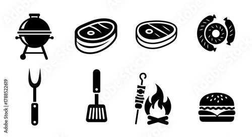 Black silhouette icons of grilling tools, steaks, sausages, barbecue pit, flame with skewers, and a hamburger, representing outdoor cooking and grilling.