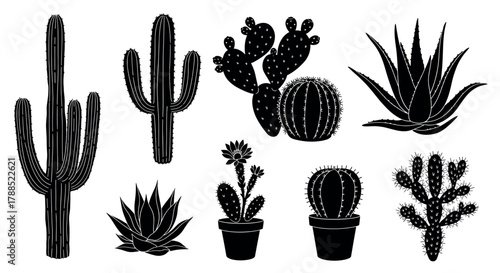 Collection of various black silhouette cactus and succulent plants, including tall cacti, round barrel cacti, and potted succulents, arranged in a group.