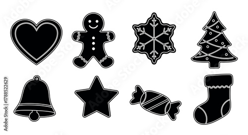 Black silhouettes of christmas-themed shapes including a heart, gingerbread person, snowflake, tree, bell, star, candy, and stocking.