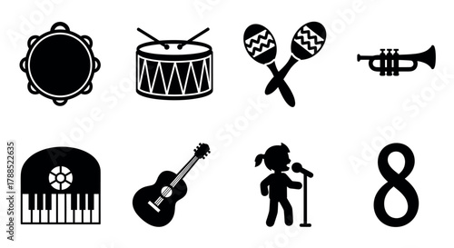 Black silhouette icons of various musical instruments including a tambourine, drum, maracas, trumpet, piano, guitar, microphone with a child, and a music note.