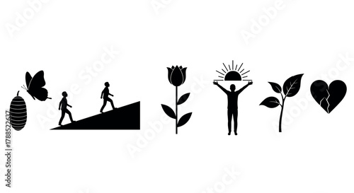 Silhouette icons symbolizing personal growth with a butterfly from a cocoon, people climbing, flowers blooming, and a person embracing the sun.