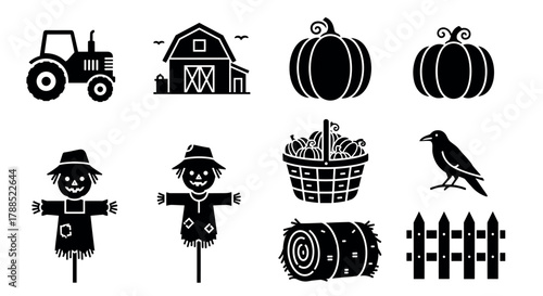 Black silhouette illustrations of a tractor, barn, pumpkins, scarecrows, basket of apples, crow, hay bale, and fence, representing agricultural and autumn themes.