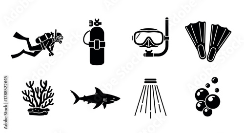 Black silhouette icons of diving equipment including a scuba diver, oxygen tank, mask with snorkel, and flippers, along with marine life such as coral, shark, and bubbles.