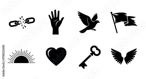 Black silhouette icons depicting a broken chain, raised hand, flying bird, waving flag, rising sun, heart, vintage key, and angel wings.