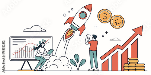 Business growth strategy with rocket launch, financial chart, and team collaboration for success and profit