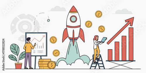 Business startup launch success growth chart investment strategy and financial planning vector illustration