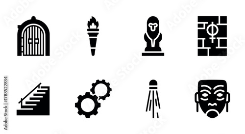 Black silhouette icons of medieval objects, including a gate, torch, bust, wall, staircase, gears, light, and warrior mask.