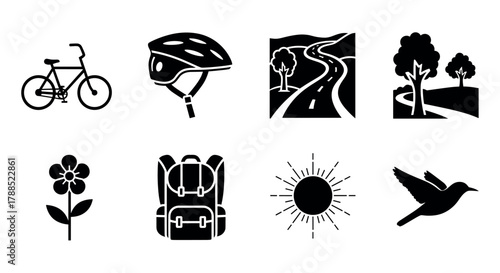 Black silhouette icons representing outdoor activities including a bicycle, bicycle helmet, winding road, trees, flower, backpack, sun, and hummingbird.
