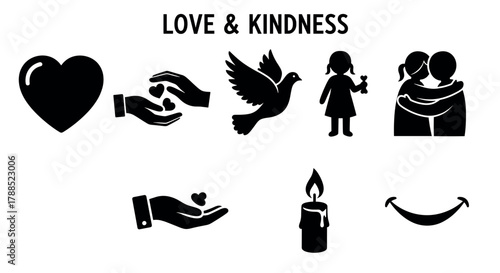 Black silhouette icons depicting love themes, including a heart, hands with hearts, a dove, girls hugging, and a candle with a smiling mouth.