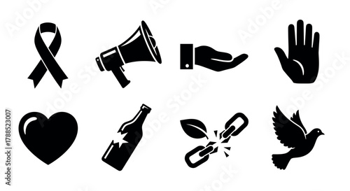 Black icons illustrating a ribbon, megaphone, open hand, palm, heart, broken bottle, chain link with leaf, and flying dove, symbolizing various concepts like awareness, communication, and peace.