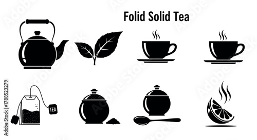 Black silhouette icons of various tea-related items including a teapot, tea leaf, cups, tea bag, sugar jar, spoon, and slice of lemon with the text "folid solid tea.