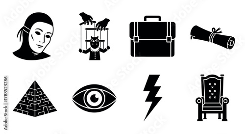 Black silhouette icons depicting various themes, including a marionette controlled by hands, a briefcase, a diploma, a pyramid maze, an eye, a lightning bolt, and an ornate chair.