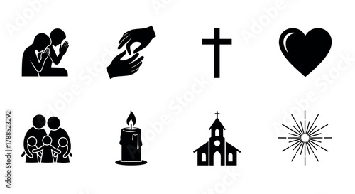 Set of eight black silhouette icons representing prayer, love, faith, family, compassion, spirituality, and unity in simple designs.