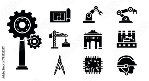 Industrial-themed black icons depicting gears, construction crane, robotic arms, architectural blueprint, compass, microchip, and factory with hard hat.