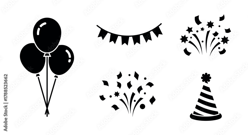 Obraz premium Black silhouette icons of party elements, including balloons, a decorative banner, confetti, and a festive hat, on a white background.