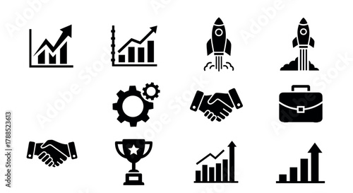 Black icon set depicting business growth themes including bar charts, rocket launches, handshake, briefcase, trophy, and gear with cogwheel on a white background.