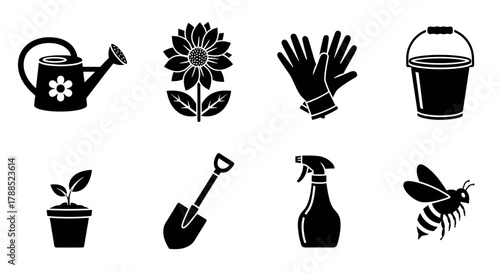 Black silhouette icons of gardening tools and elements including a watering can, sunflower, gloves, bucket, potted plant, shovel, spray bottle, and bee.