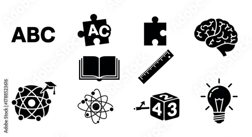 Black silhouette icons depicting education and learning elements including abc letters, puzzle pieces, brain, open book, ruler, graduation cap, atomic model, cube, and lightbulb.