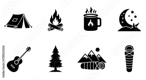 Black silhouette icons depicting camping essentials including a tent, campfire, hot beverage, moonlit scenery, guitar, pine tree, mountain landscape, and sleeping bag.