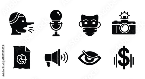 Set of eight bold black icons depicting various communication and media themes, including a talking head, microphone, masked person, and camera with flash.