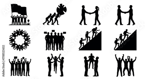 Silhouettes of diverse groups of people engaged in teamwork activities, including pushing a gear, shaking hands, forming a circle, and helping others climb.