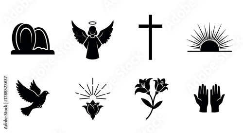Black silhouette icons representing christian symbols, including a tomb, angel, cross, sunrise, dove, rays, flower, and praying hands.