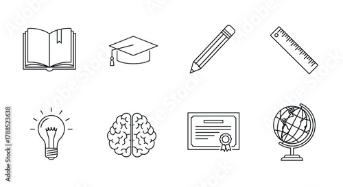 Eight black outline educational icons including a book, graduation cap, pencil, ruler, light bulb, brain, certificate, and globe, symbolizing learning and knowledge.