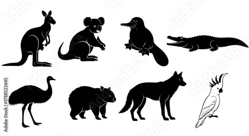 Silhouette illustrations of iconic australian animals including a kangaroo, koala, platypus, crocodile, emu, wombat, dingo, and cockatoo.
