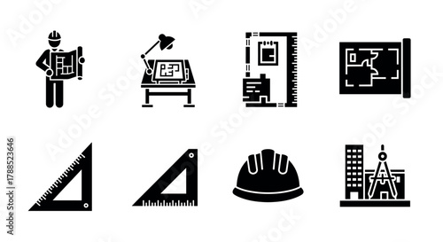 Black icon set depicting various architecture and construction tools, including blueprints, drafting table, ruler, hard hat, and triangular scales.