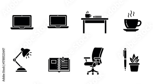 Black silhouette icons of office items including laptops, table with books and coffee, steaming cup, desk lamp, planner, office chair, and pen with plant pot.