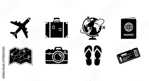 Black silhouette icons depicting travel items including an airplane, suitcase, globe, passport, map, camera, flip-flops, and tickets.