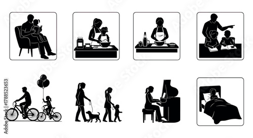 Black silhouette illustrations depicting family activities, such as reading, cooking, and cycling, showcasing diverse interactions among adults and children.