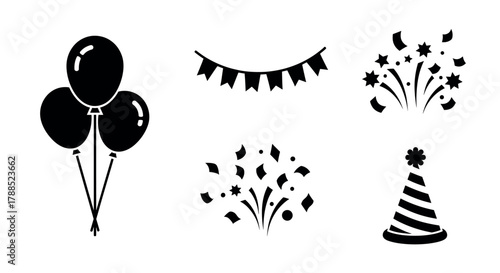 Black silhouette icons of party elements, including balloons, a decorative banner, confetti, and a festive hat, on a white background.