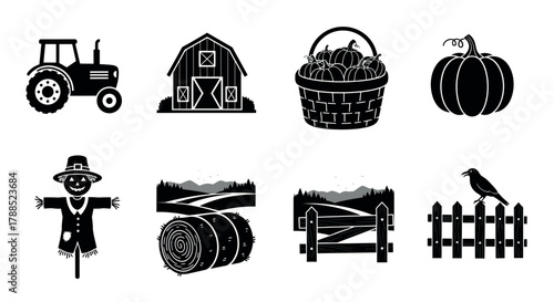 Collection of black silhouette icons depicting a tractor, barn, basket of apples, pumpkin, scarecrow, hay bales, farm fields, and a crow on a fence.