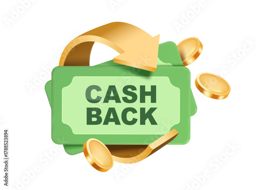 gold arrow and gold coins swirl around dollar bills or money for cash back promotion design, vector 3d minimal style illustration isolated for promotion the more you buy, the more cash back you get