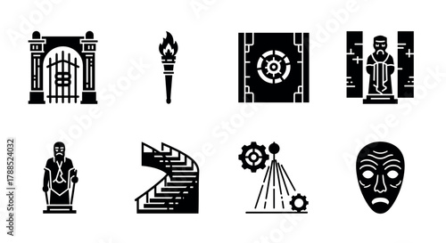 Collection of black silhouette icons featuring a gate, torch, ancient book, and other mysterious objects symbolizing historical and mythical themes.