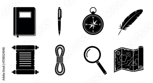 Black silhouette icons of a notebook, pen, compass, feather quill, scroll, rope, magnifying glass, and map, representing various tools and objects.
