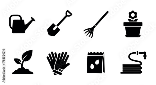 Eight black silhouette icons depicting essential gardening tools and accessories, including a watering can, shovel, rake, potted plant, seedling, gloves, seed packet, and hose.
