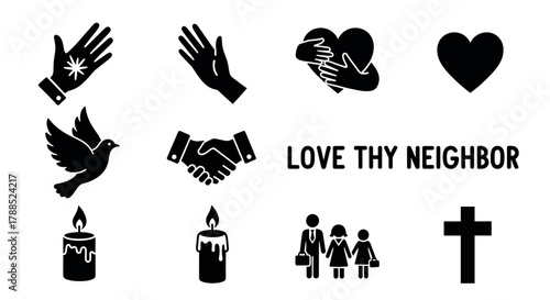 Black silhouette icons depicting themes of love and unity through hands, hearts, candles, a dove, handshake, family, and a cross alongside the phrase "love thy neighbor.
