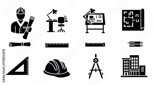 Set of black outline icons depicting various architectural tools and symbols including a hard hat, drafting table, blueprints, rulers, and buildings.