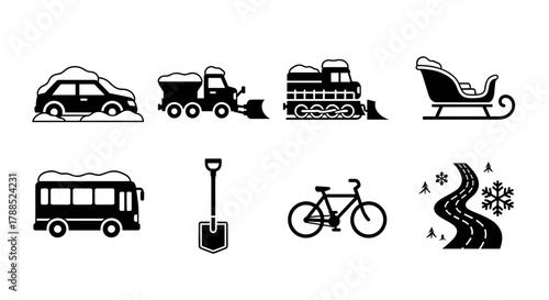 Black and white set of winter-themed icons featuring a snow-covered car, snowplow, tractor, sleigh, bus, shovel, bicycle, and snowy road.