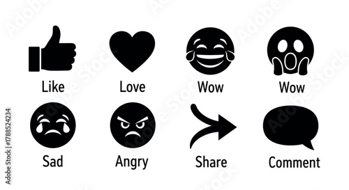 Set of eight black silhouette icons including thumbs up, heart, laughing face, shocked face, sad faces, angry face, arrow, and speech bubble.