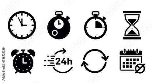 Set of black silhouette icons representing time management concepts, including clocks, a stopwatch, an hourglass, and a calendar.