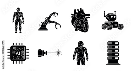 Set of black silhouette icons featuring a robotic humanoid, mechanical arm, anatomical heart with gears, robotic rover, microchip, laser beam, and storage tower.