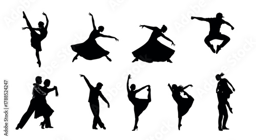 Silhouettes of dancers in various dynamic poses, showcasing the elegance and grace of different dance styles.