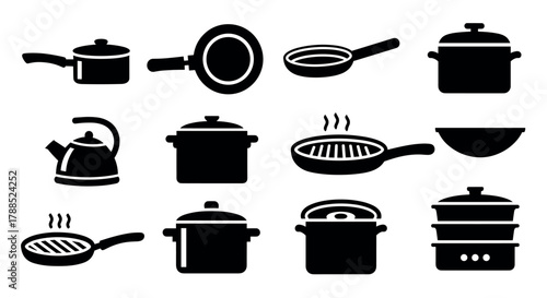 Black silhouette icons of various kitchen cookware items including pans, pots, kettles, and steamers, illustrating diverse cooking utensils.