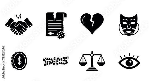 Black icons depicting a handshake, torn contract, broken heart, theatrical mask, dollar coin, tied rope, balance scale, and eye on a white background.