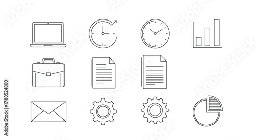 Minimalist linear icons of a laptop, clocks, bar chart, briefcase, documents, envelope, gears, and pie chart, representing office and business concepts.